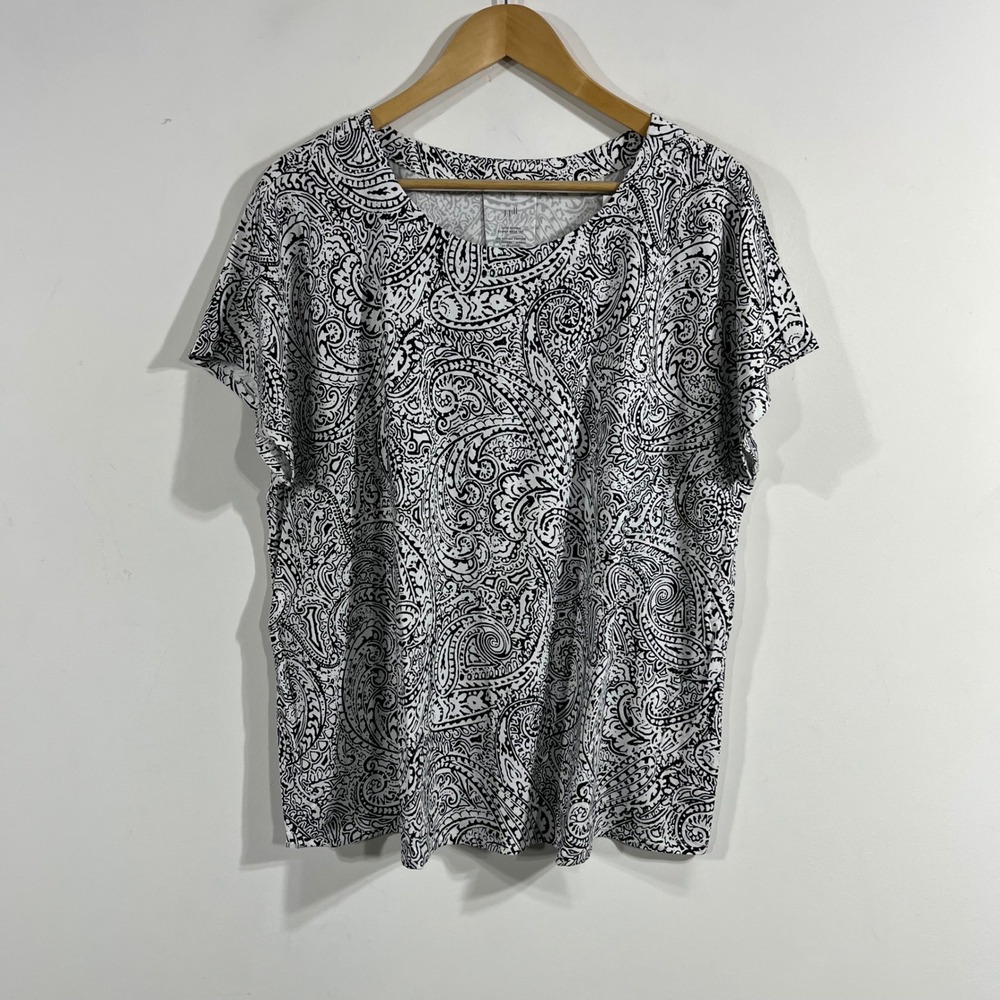 J. Jill Luxe Supima Paisley Scoop Neck Tee Black White XL Artsy Boho Casual